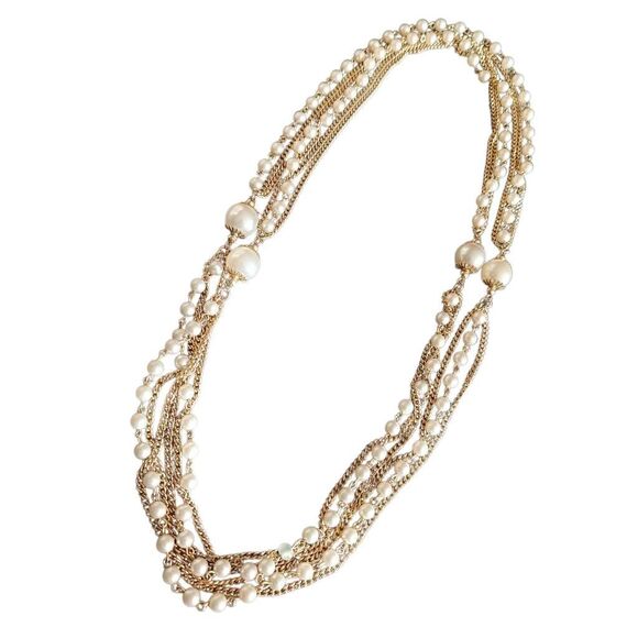 Faux Pearl Gold Chain Vintage Long Layered Nacklace - Picture 1 of 6